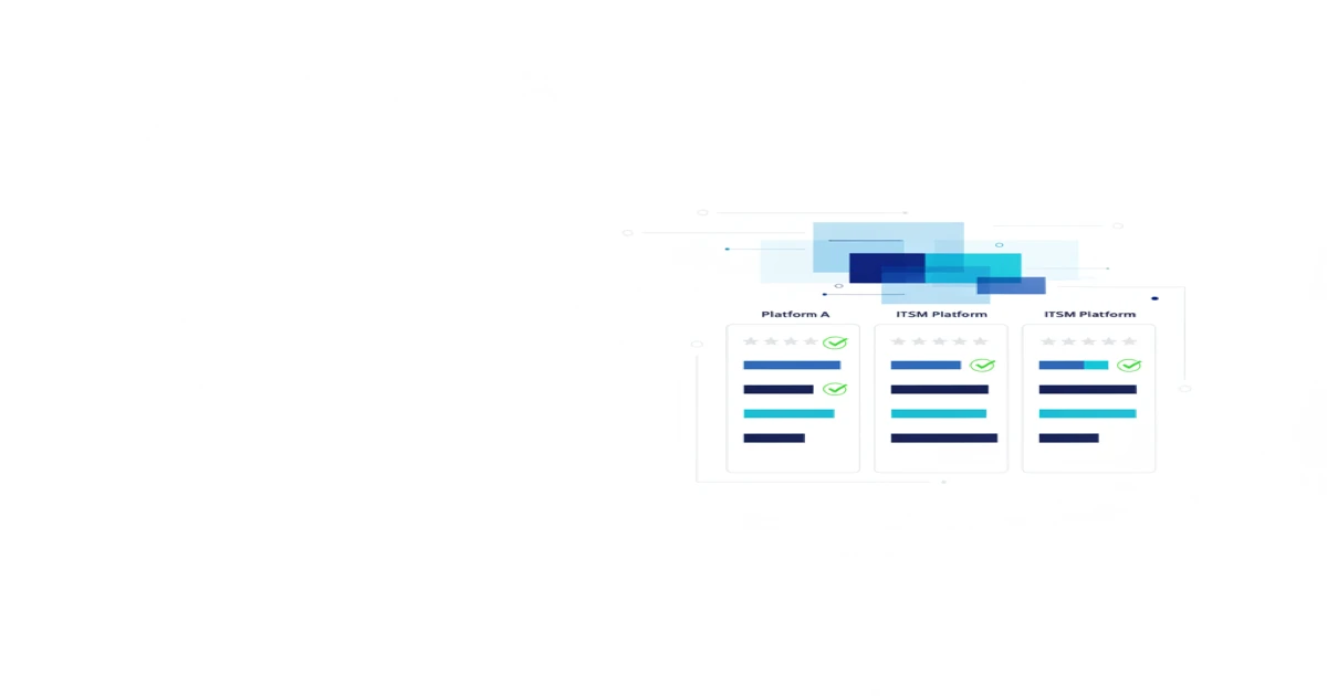 ITSM vendor evaluation scorecard comparing software platforms with rating bars and checkmarks on a navy and cyan corporate palette