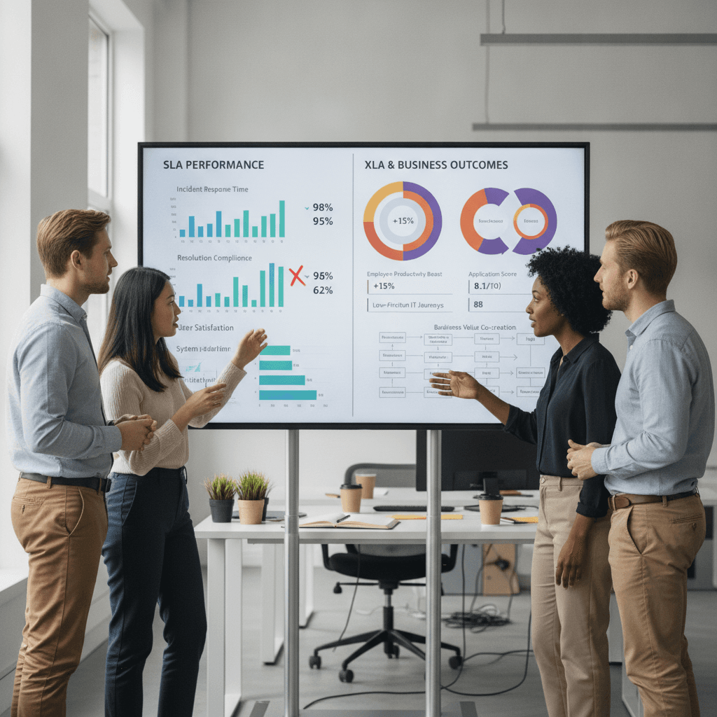 SLA vs XLA dashboard comparing IT service reliability with employee experience metrics