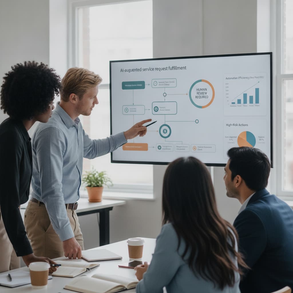 Human in the loop ITSM workflow showing AI approvals, escalation rules, and service desk governance