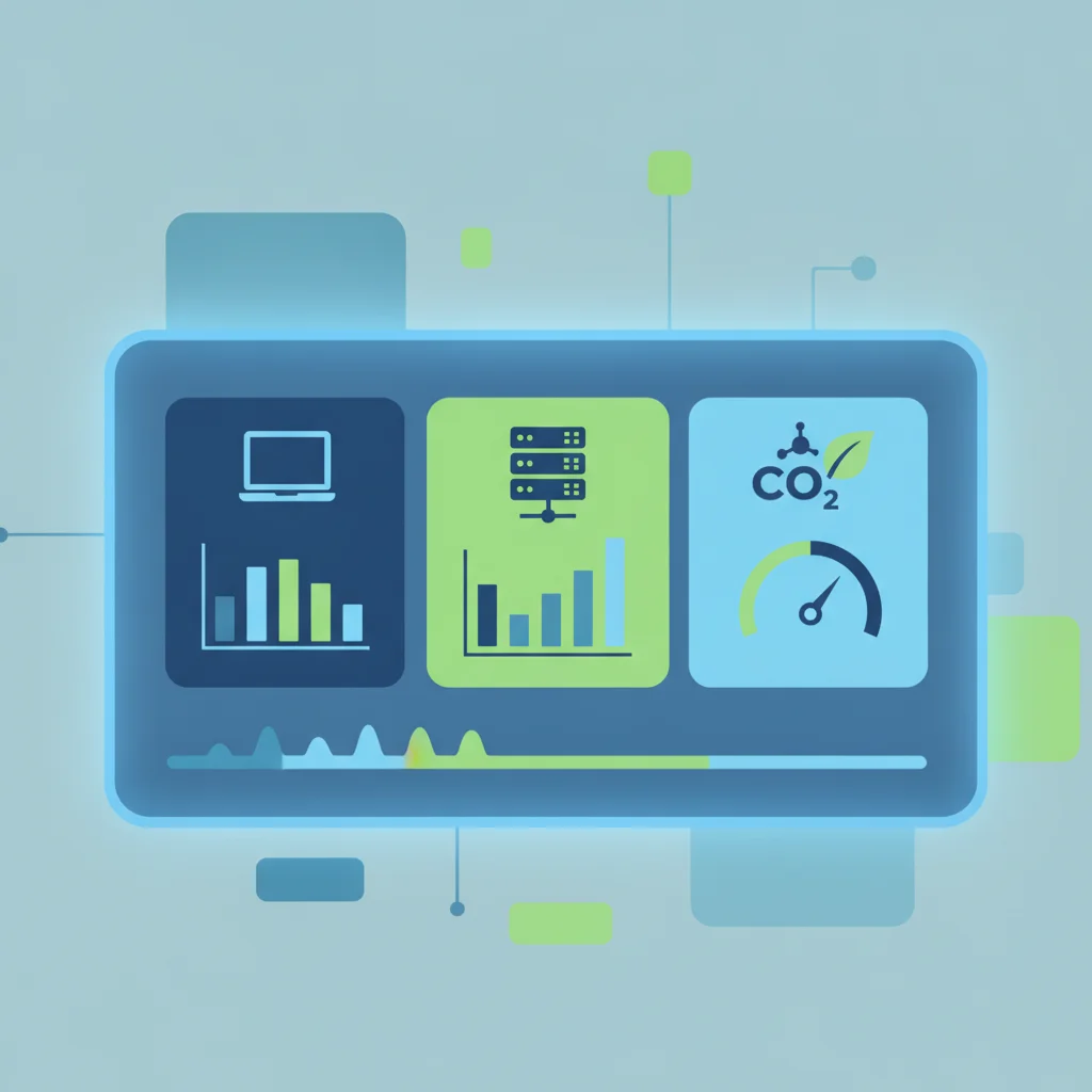 Illustration of an IT asset carbon footprint dashboard showing device emissions, server usage, and CO2 impact metrics