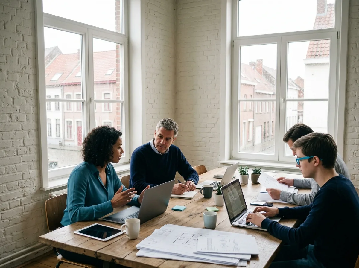 Vier mensen in gesprek aan een houten tafel met laptops en geprinte plannen bij hoge ramen in een kantoor met bakstenen muren