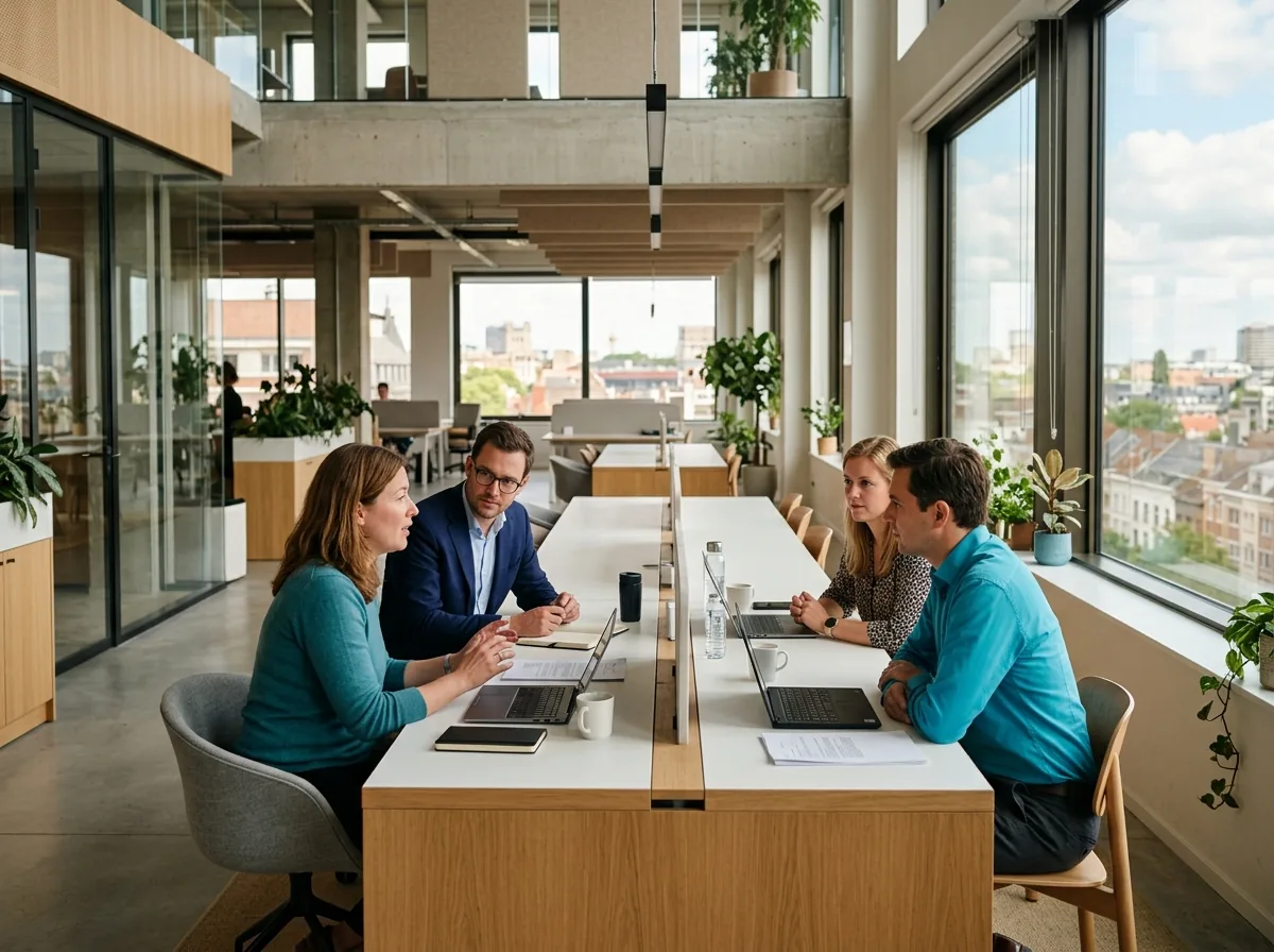 Vier collega's in gesprek aan een lange gedeelde bureautafel in een licht kantoor met uitzicht op de stad