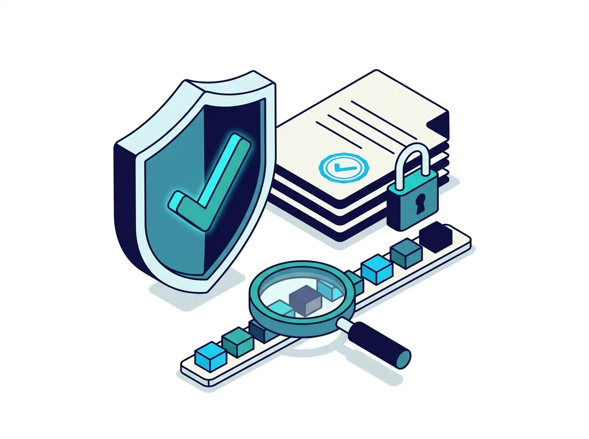 Illustration de la gouvernance de l'IA : tampon d'approbation, cadenas et piste d'audit
