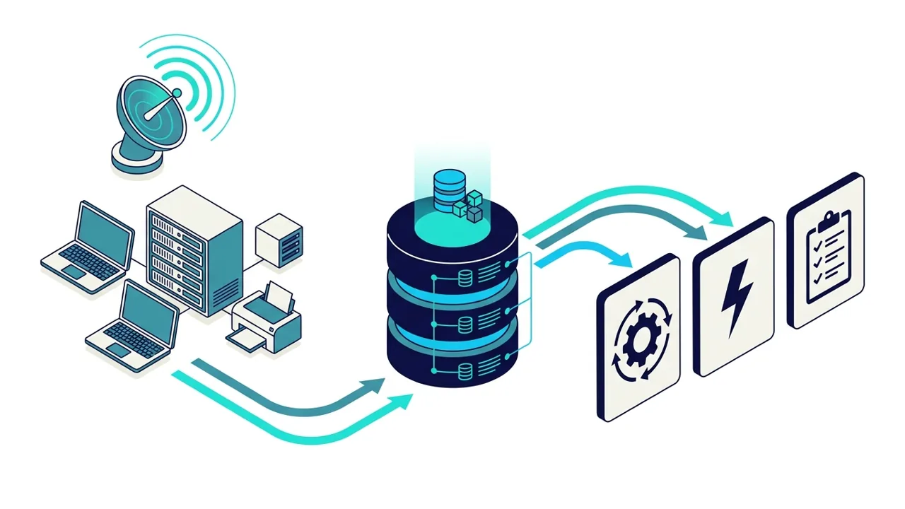 Illustration de portables, serveurs et imprimantes inventoriés dans une base d'actifs qui alimente les processus IT