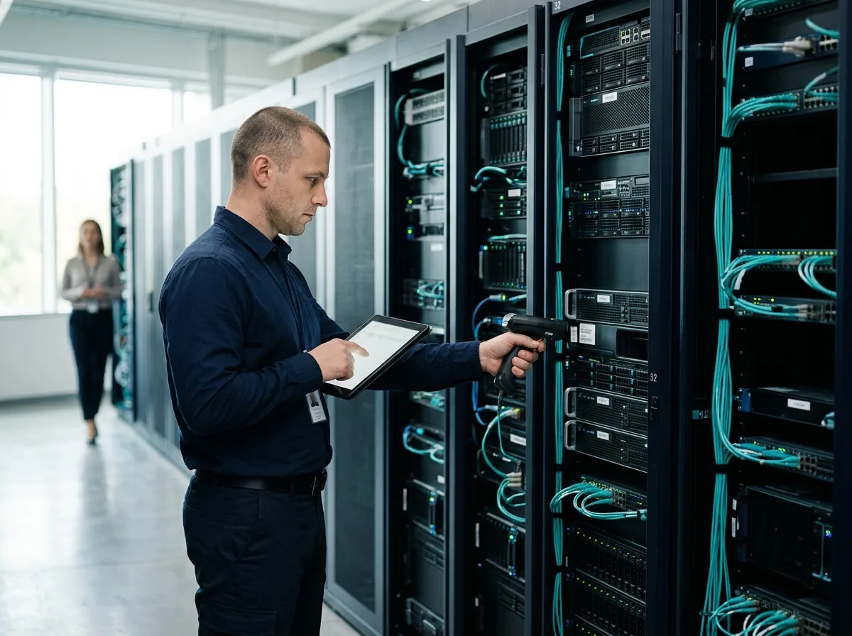 Gestionnaire de parc informatique scannant des baies de serveurs avec une tablette et un lecteur de codes-barres