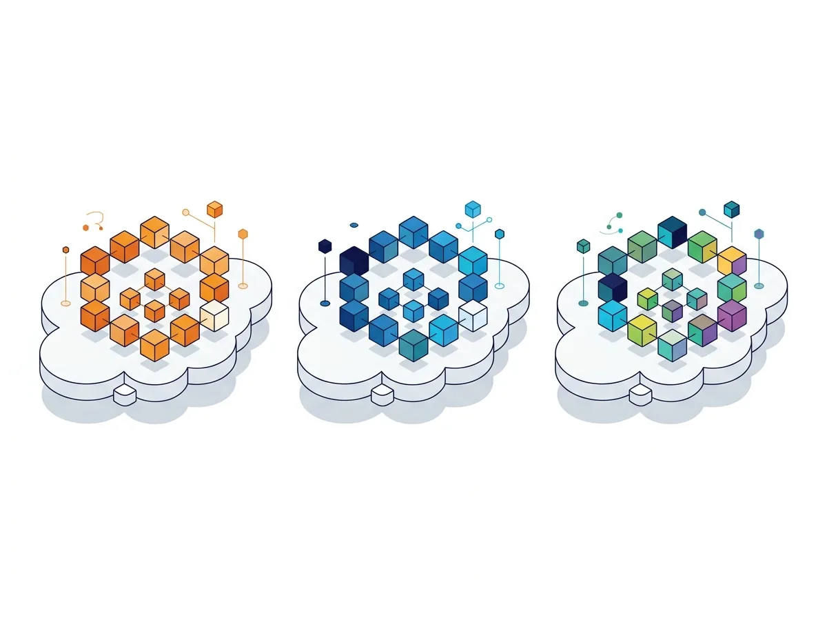 Illustration de trois environnements cloud remplis de conteneurs, pour Kubernetes sur AWS, Azure et Google Cloud