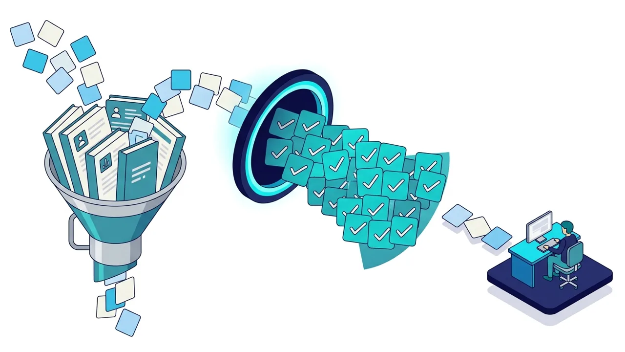 Illustration de nombreux documents filtrés en réponses validées qui parviennent à un utilisateur à son poste