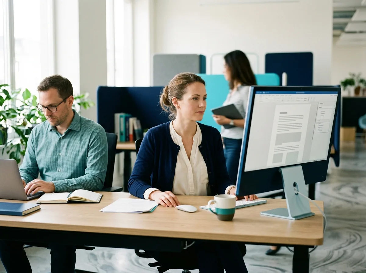 Collègues à leur bureau pendant que l'un d'eux rédige un article dans le logiciel de base de connaissances Document360