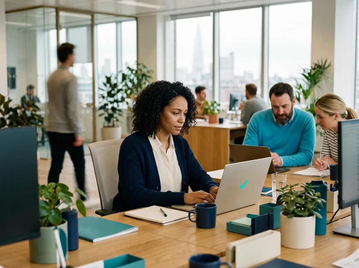 Analyste du service desk travaillant sur un portable dans un open space, avec les articles de la base de connaissances