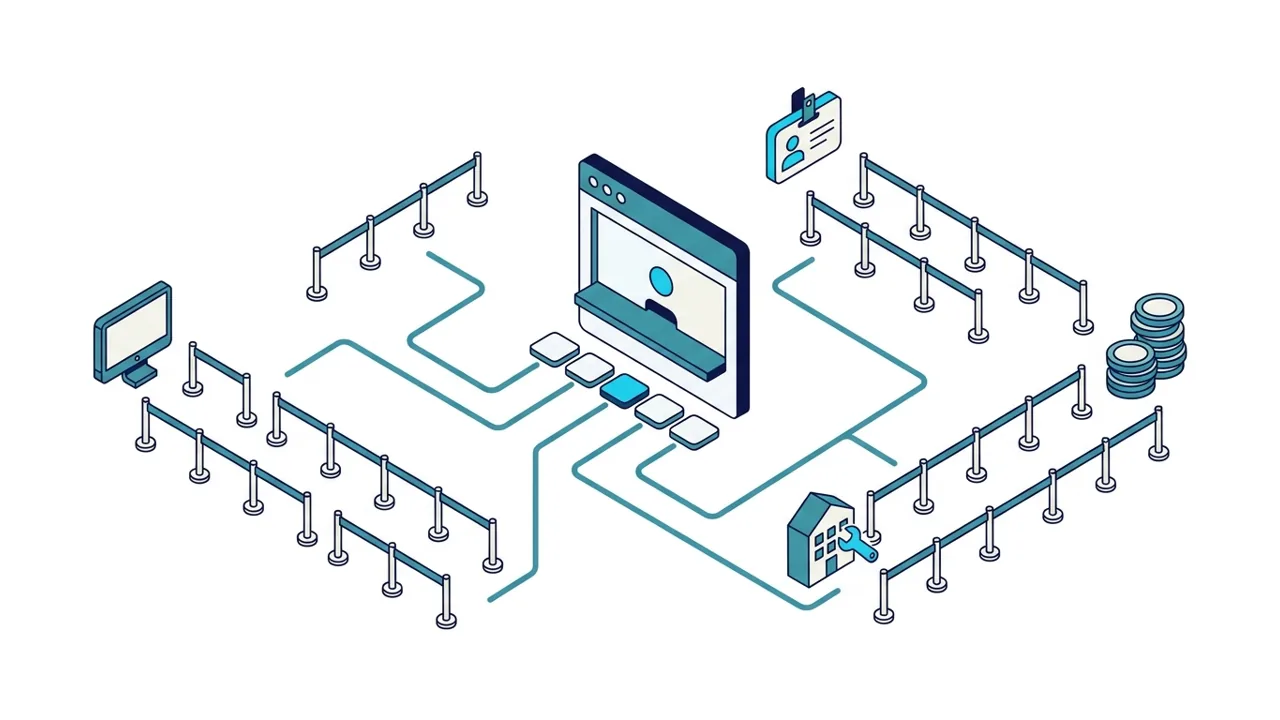 Diagram of one portal feeding the IT, HR, facilities and finance request queues