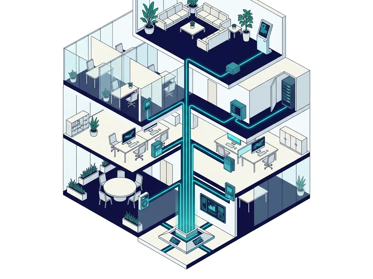 Illustration of enterprise service management: every department of an office building connected to one service portal