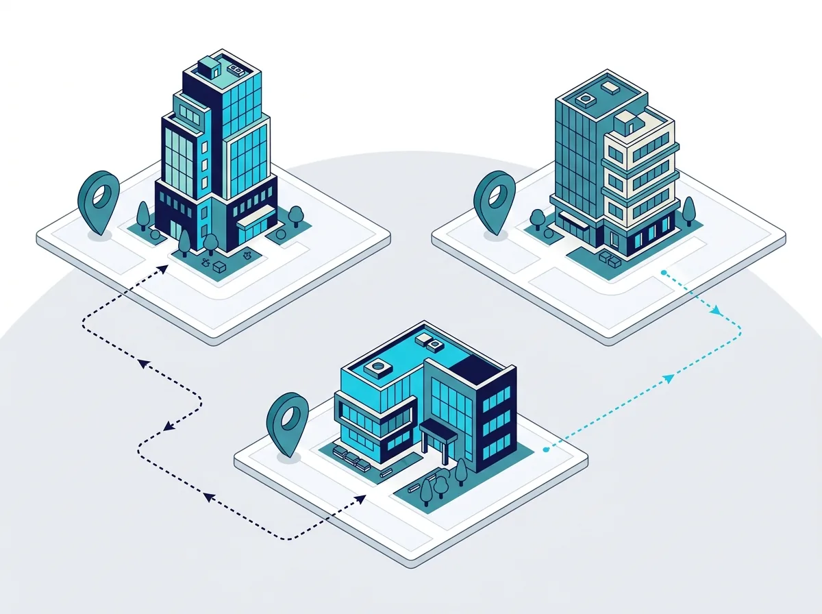 Illustration HaloITSM France : trois bureaux avec repères de localisation reliés par des trajets
