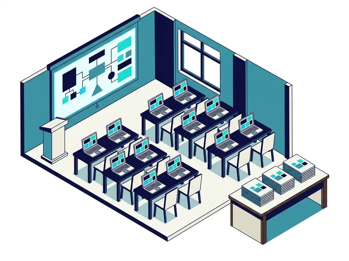 Trainingsruimte met laptops en handleidingen voor HaloITSM-agents en -beheerders