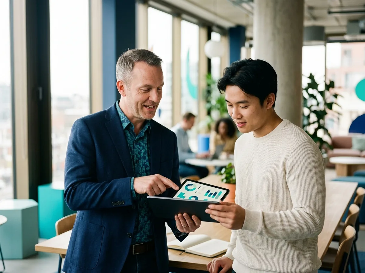 Un consultant analyse avec un responsable IT les rapports d'un centre de services HaloITSM sur tablette (photo d'illustration)