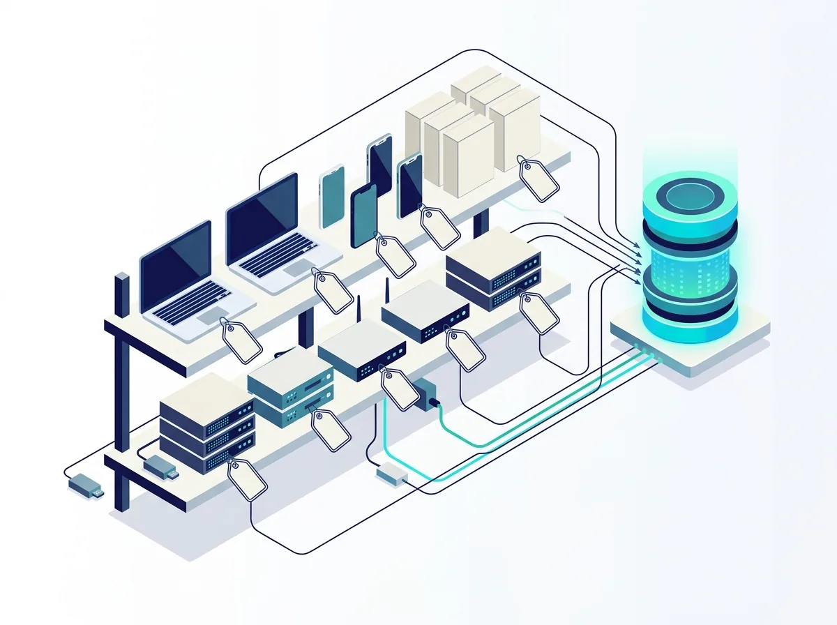 Illustration de la gestion des actifs HaloITSM : portables, téléphones, serveurs et logiciels étiquetés dans un registre unique