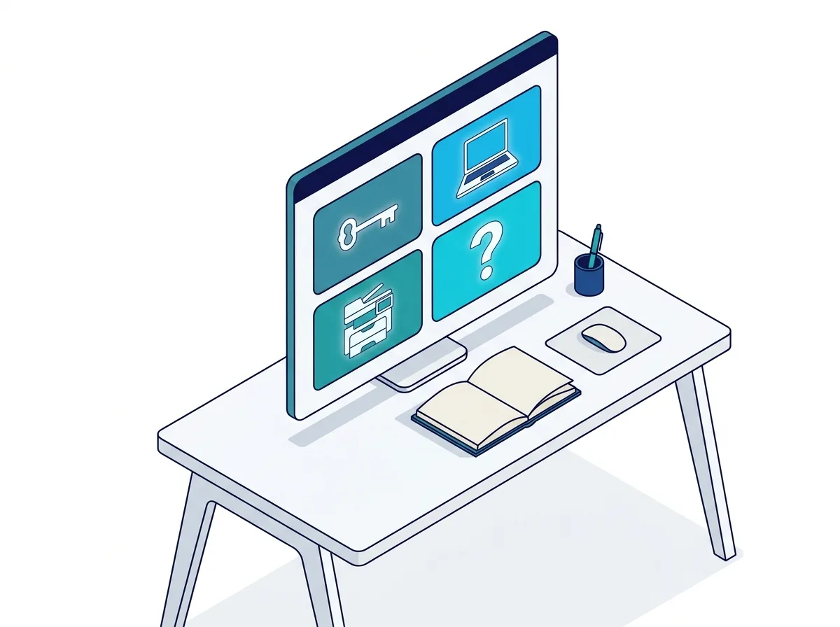 Illustratie van een self service portaal voor IT in HaloITSM met aanvraagtegels en een kennisbank