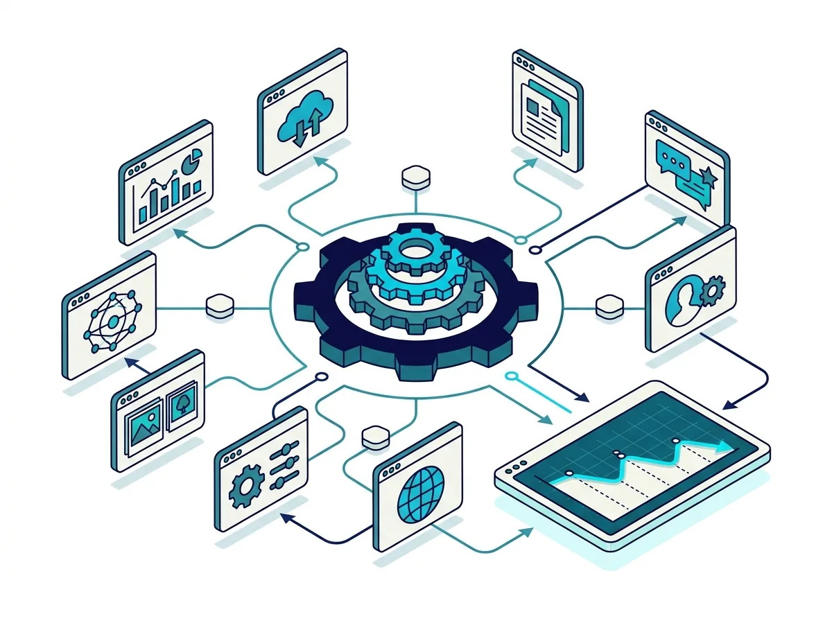 Applications connectées autour d'un pivot central et tableau de bord avec une tendance d'incidents en baisse