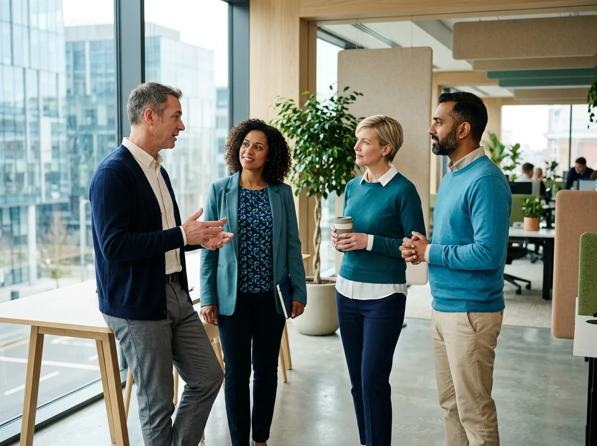 Quatre professionnels IT échangent sur un projet de gestion des services ITIL v4 dans un bureau lumineux