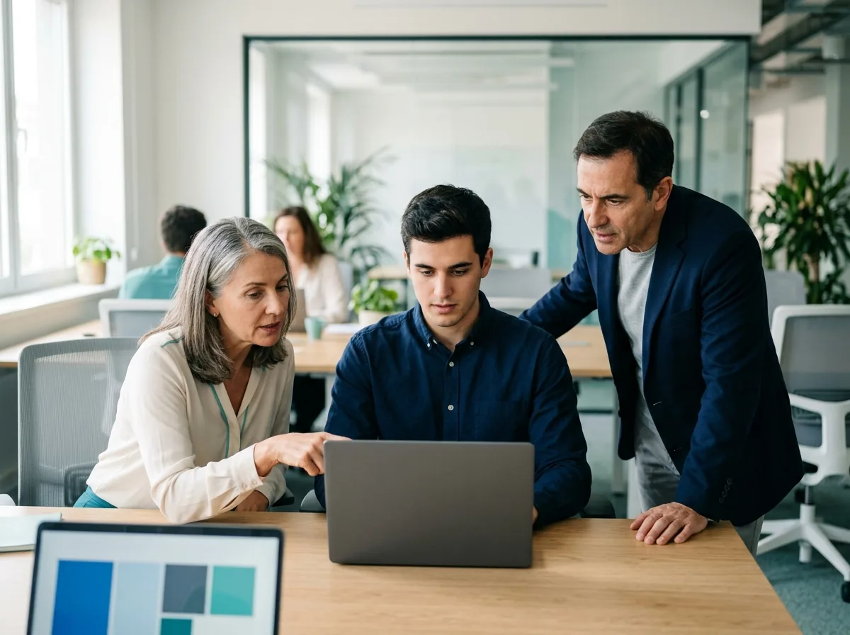 Trois collègues passent en revue le paramétrage d'un service desk sur un ordinateur portable lors d'un atelier ITIL 4