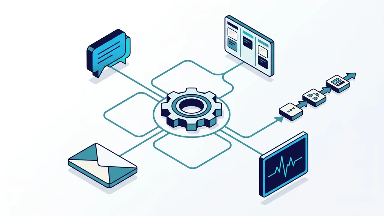 Orchestration diagram with a central hub connected to chat, a project board, a pipeline, monitoring and email