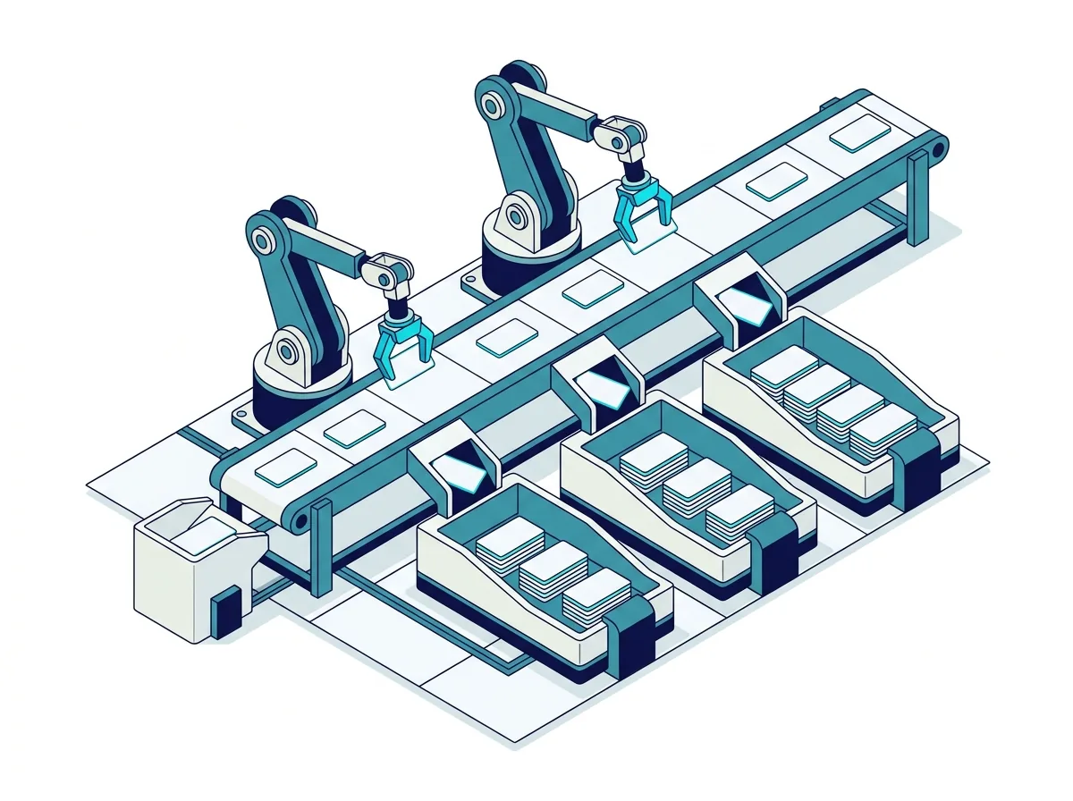 Illustration of ITSM automation: robotic arms sorting service desk tickets into queues on a conveyor