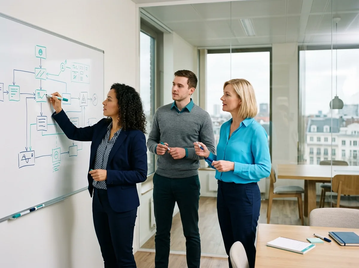 ITSM consultants mapping a service management process on a whiteboard with an IT manager (illustrative photo)