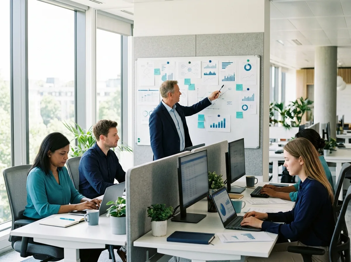 Servicedeskteam dat ITSM-prestatiedashboards bespreekt met een ITSM-consultant