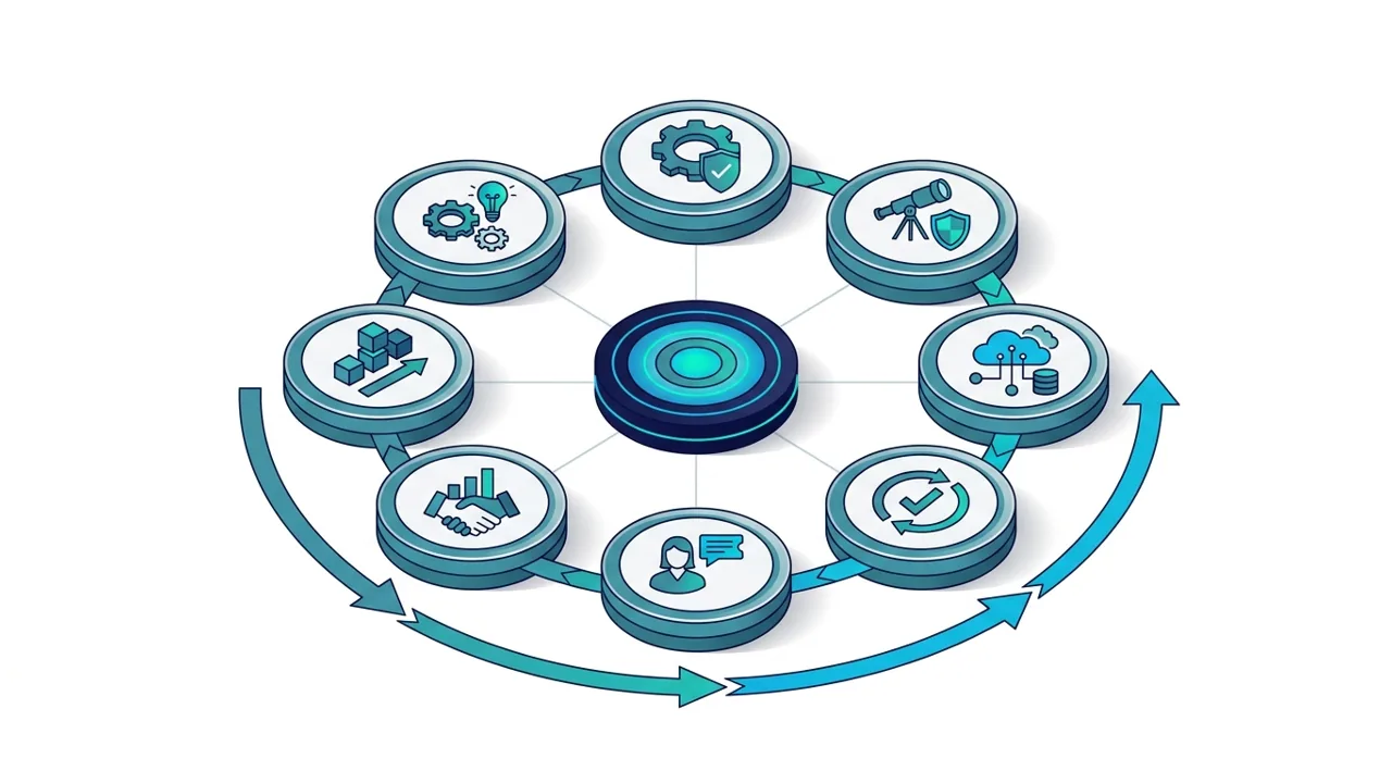 Schema van de belangrijkste ITSM-processen als verbonden wiel rond een gedeeld serviceplatform