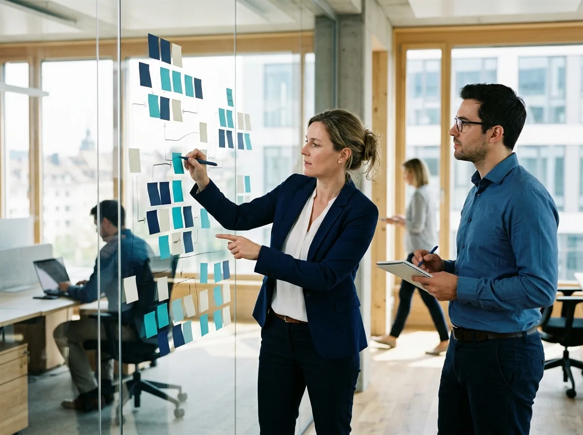 Twee mensen die IT-servicemanagementprocessen in kaart brengen met sticky notes op een glazen wand