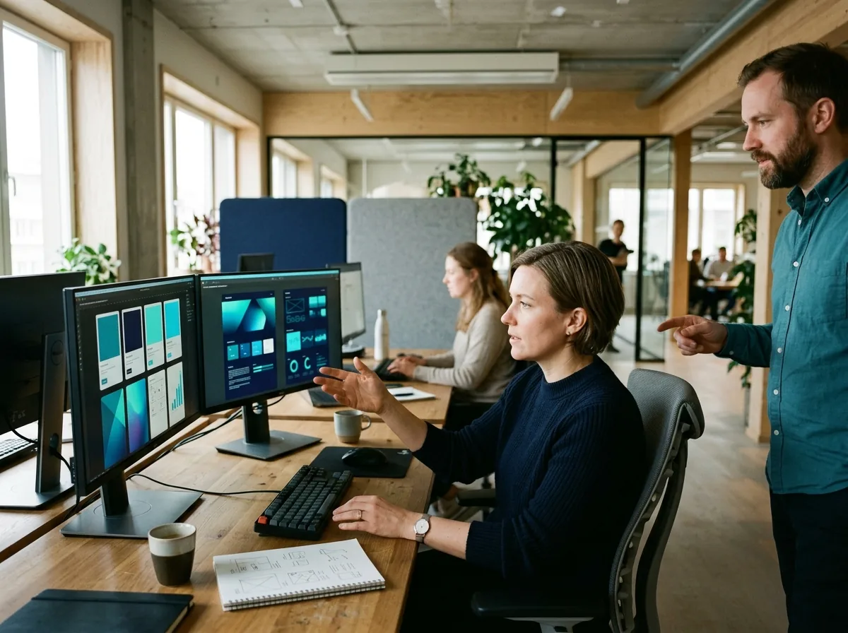 IT team reviewing ITSM platform dashboards on two screens in an open-plan office