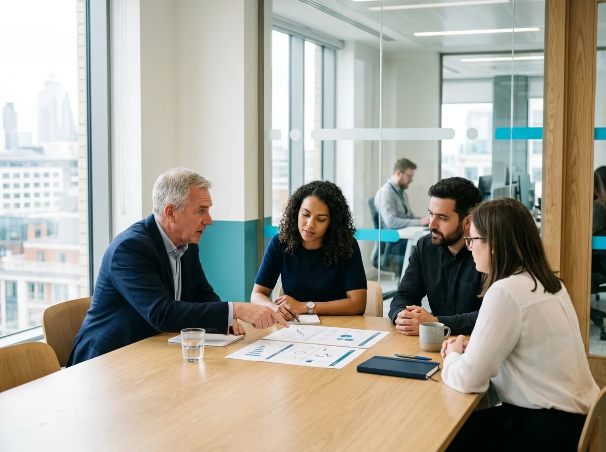 IT managers and a consultant discussing an ITSM platform shortlist around a meeting table