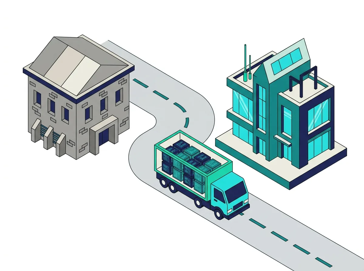Illustration d'une migration HaloITSM : des caisses de données transportées d'un ancien serveur vers une plateforme moderne