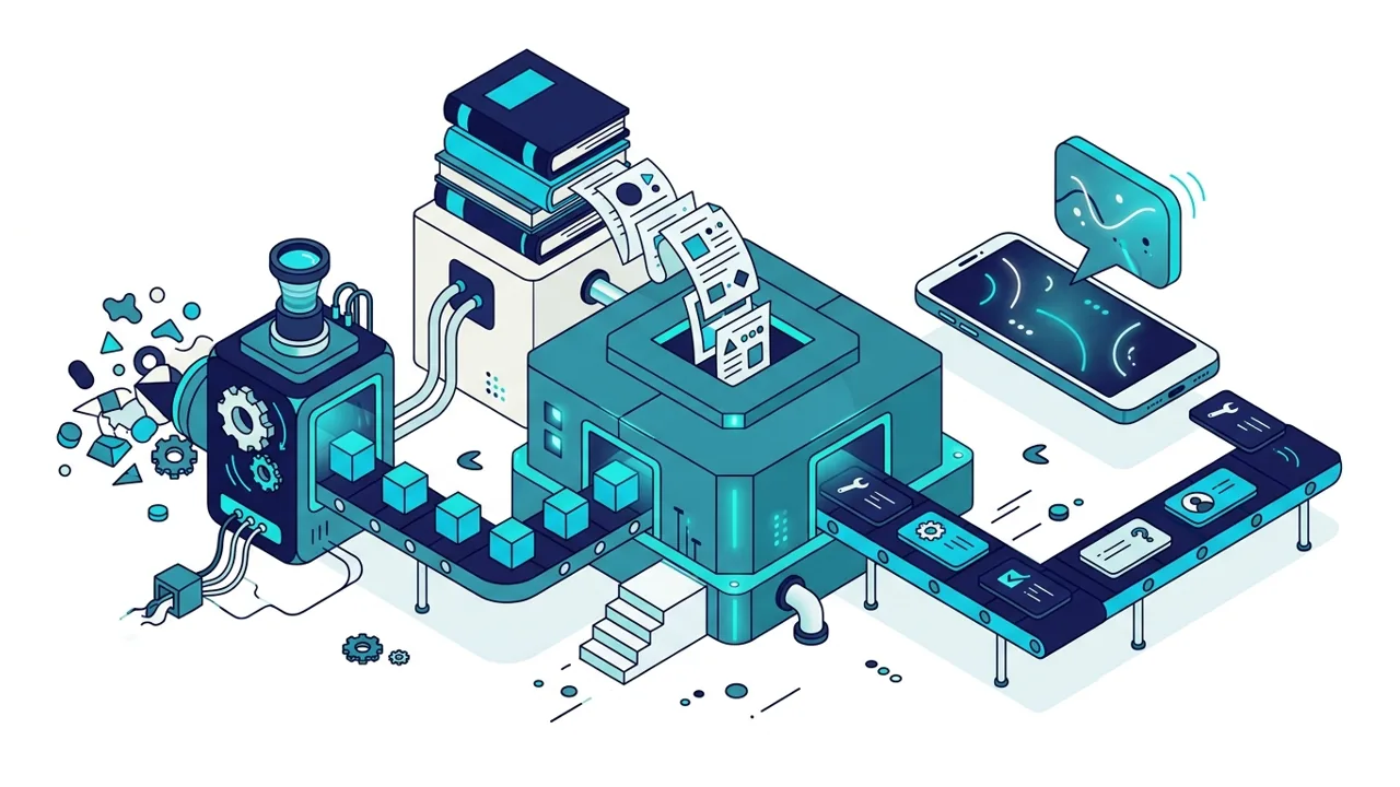 Illustratie van een servicedeskplatform gevoed door een assetscanner en een kennisbank, naast een telefoon die door AI beantwoord wordt