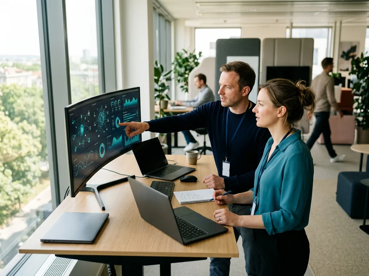 ITSM-producten in gebruik: een IT-manager en een collega wijzen naar servicedeskdashboards op een gebogen scherm in een licht kantoor