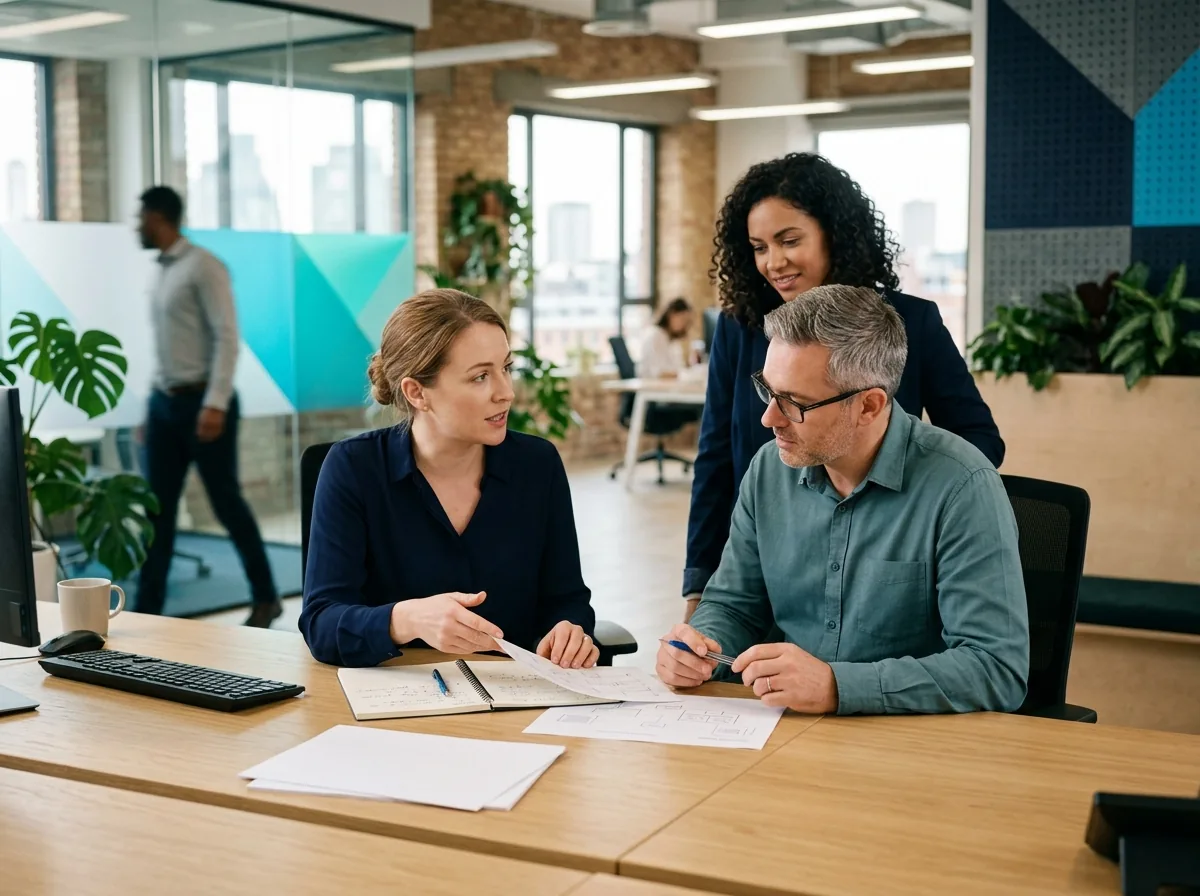 Twee IT-medewerkers en een manager bekijken een servicedeskproces op papier aan een gedeeld bureau