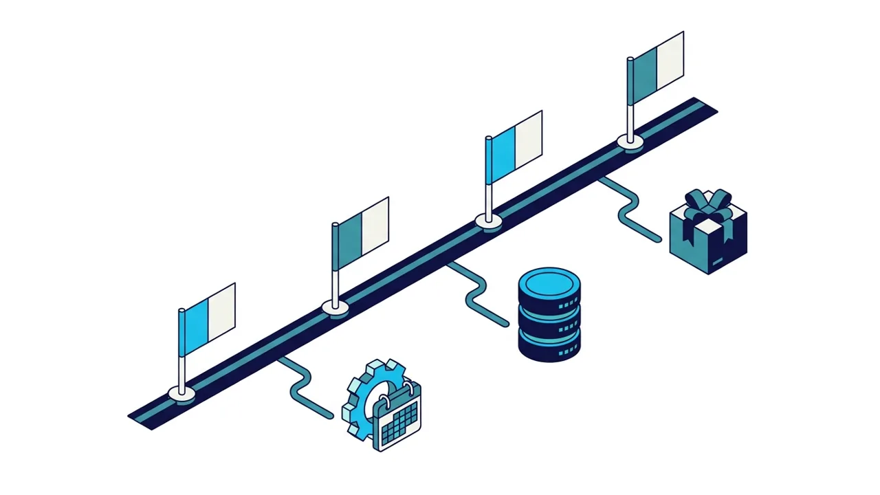 Projecttijdlijn met mijlpalen gekoppeld aan change management, de CMDB en service transition