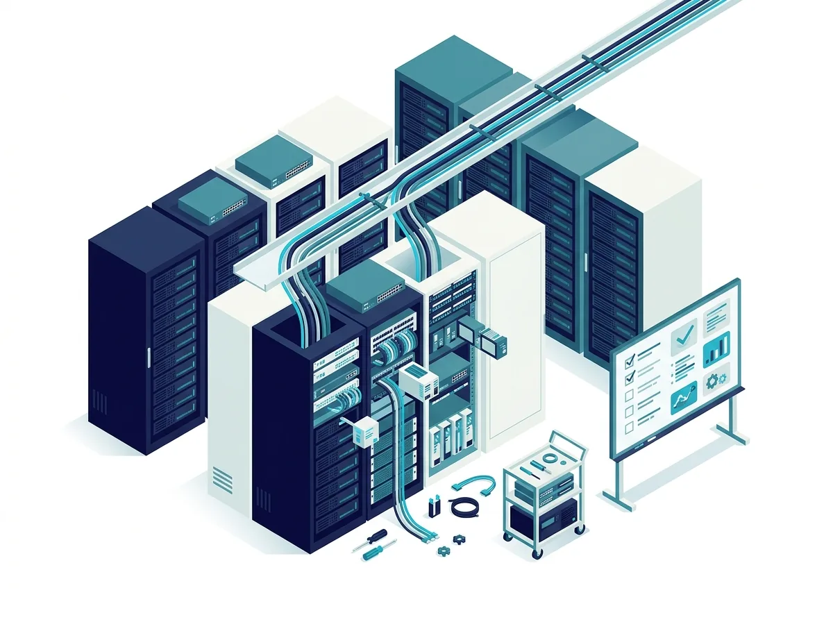 Illustration of infrastructure project management: server racks and network equipment installed beside a project checklist