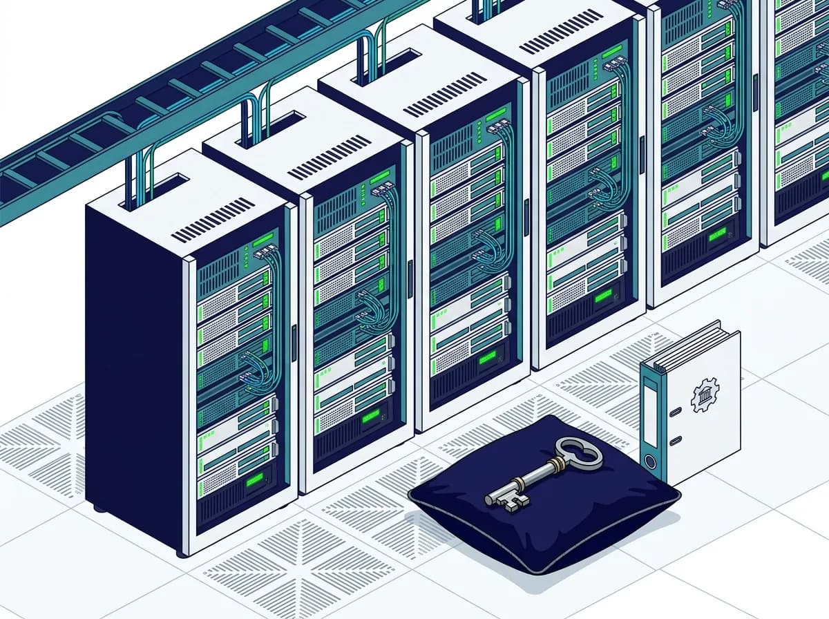 Afgewerkte datacenterrij met groene statuslampjes, documentatie en een overdrachtssleutel