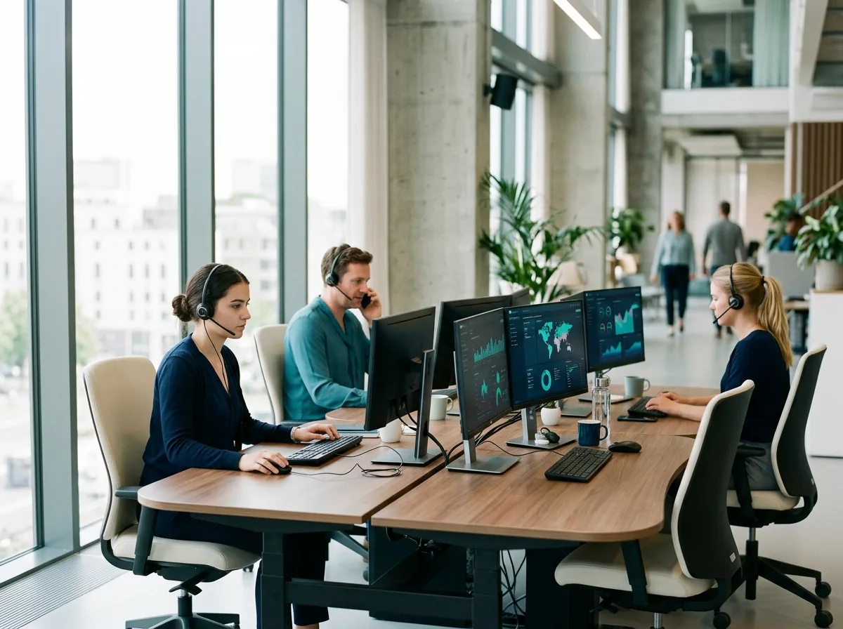 Servicedeskagents met headsets voor schermen met live wachtrijdashboards