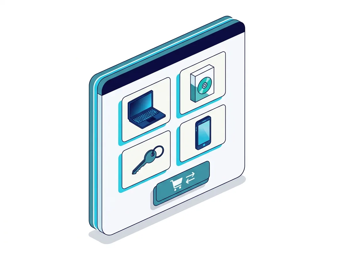 Illustration d'un catalogue de services en self-service avec des tuiles pour portables, logiciels et accès