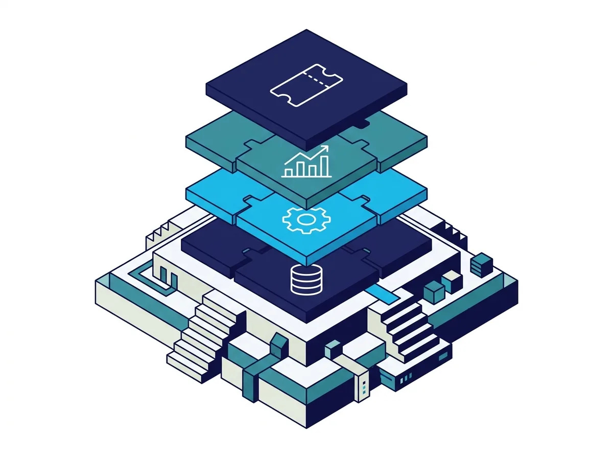 Illustratie van het ServiceNow ITSM-platform als gestapelde modulelagen voor tickets, workflows, data en rapportage