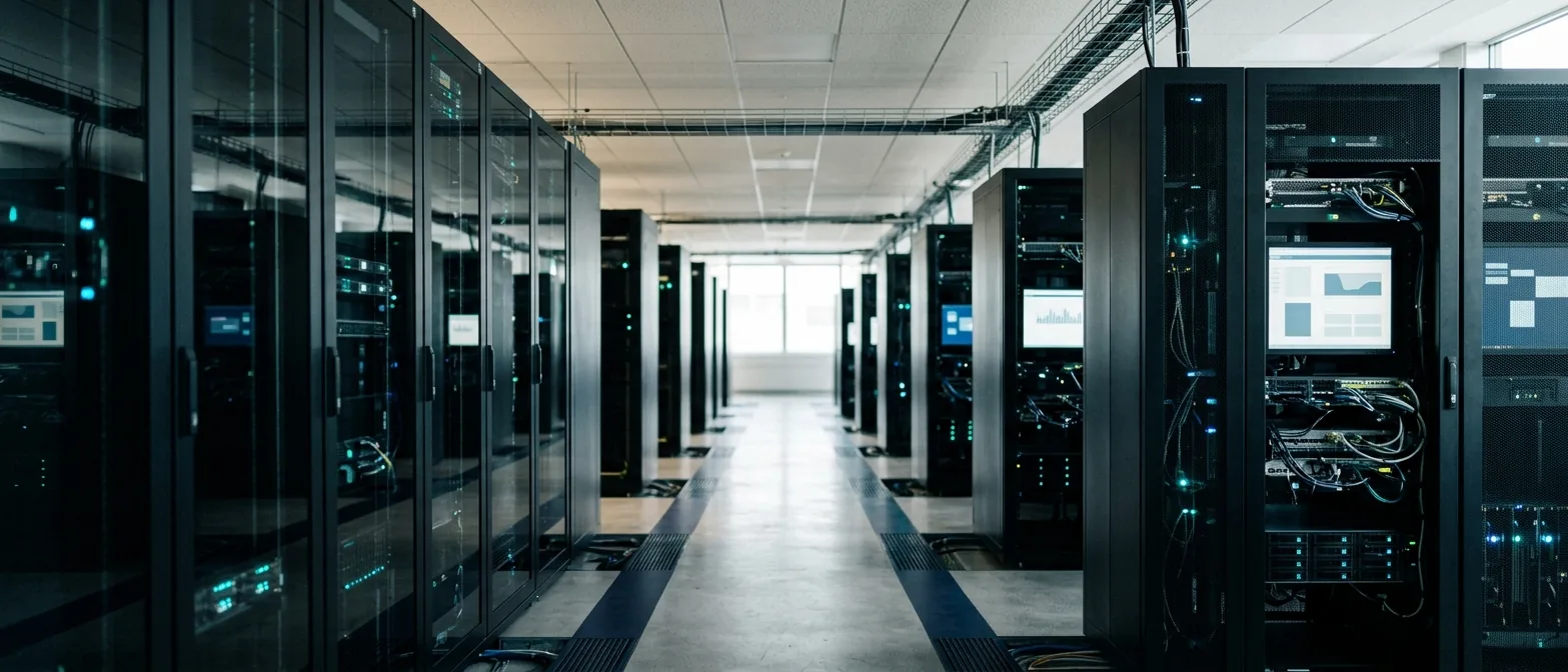 Data centre corridor representing the IT, OT and cloud estate Lansweeper discovers