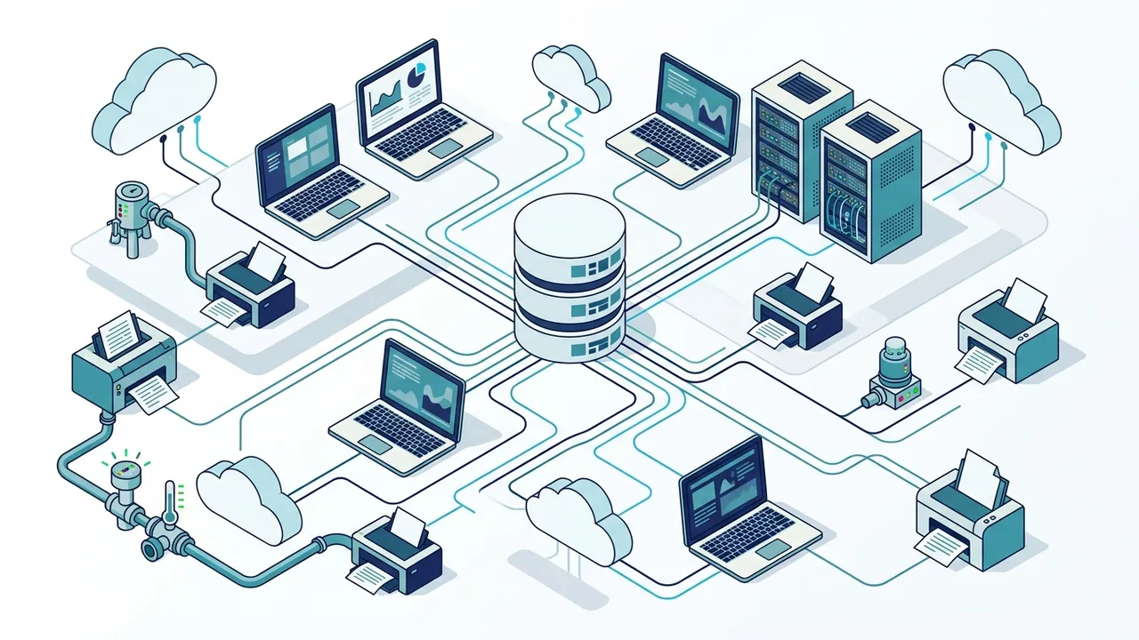 Illustration of laptops, servers, printers, industrial sensors and cloud resources that Lansweeper discovers and feeds into one CMDB