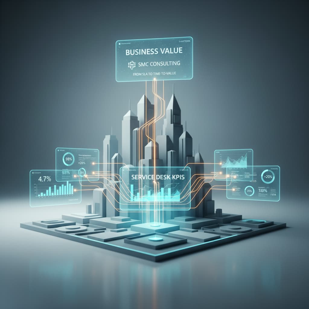 Dashboard dat real-time service desk KPI's en metrics toont die IT-ondersteuningsprestaties en SLA-compliance visualiseren voor zakelijke belanghebbenden