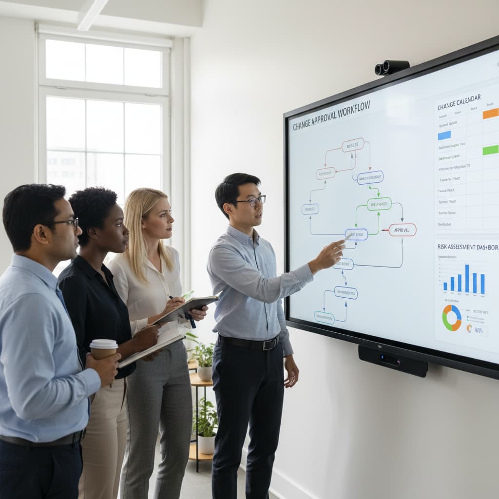 Équipe informatique examinant un tableau de bord numérique qui visualise les flux de travail, les risques et les approbations de la gestion des changements ITSM