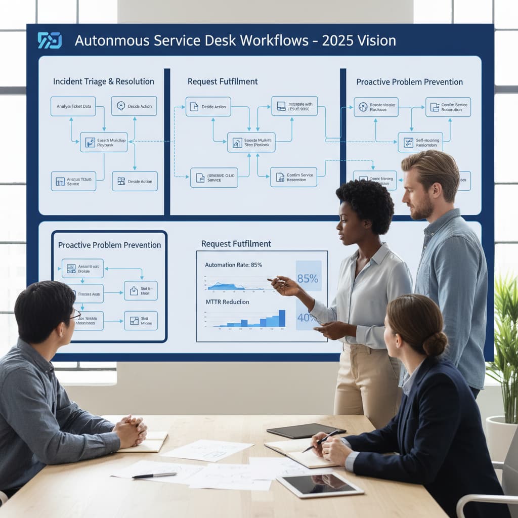 Des responsables informatiques examinant des tableaux de bord qui montrent comment l’IA agentique pour l’ITSM automatise les flux de travail du centre de services et la résolution des incidents