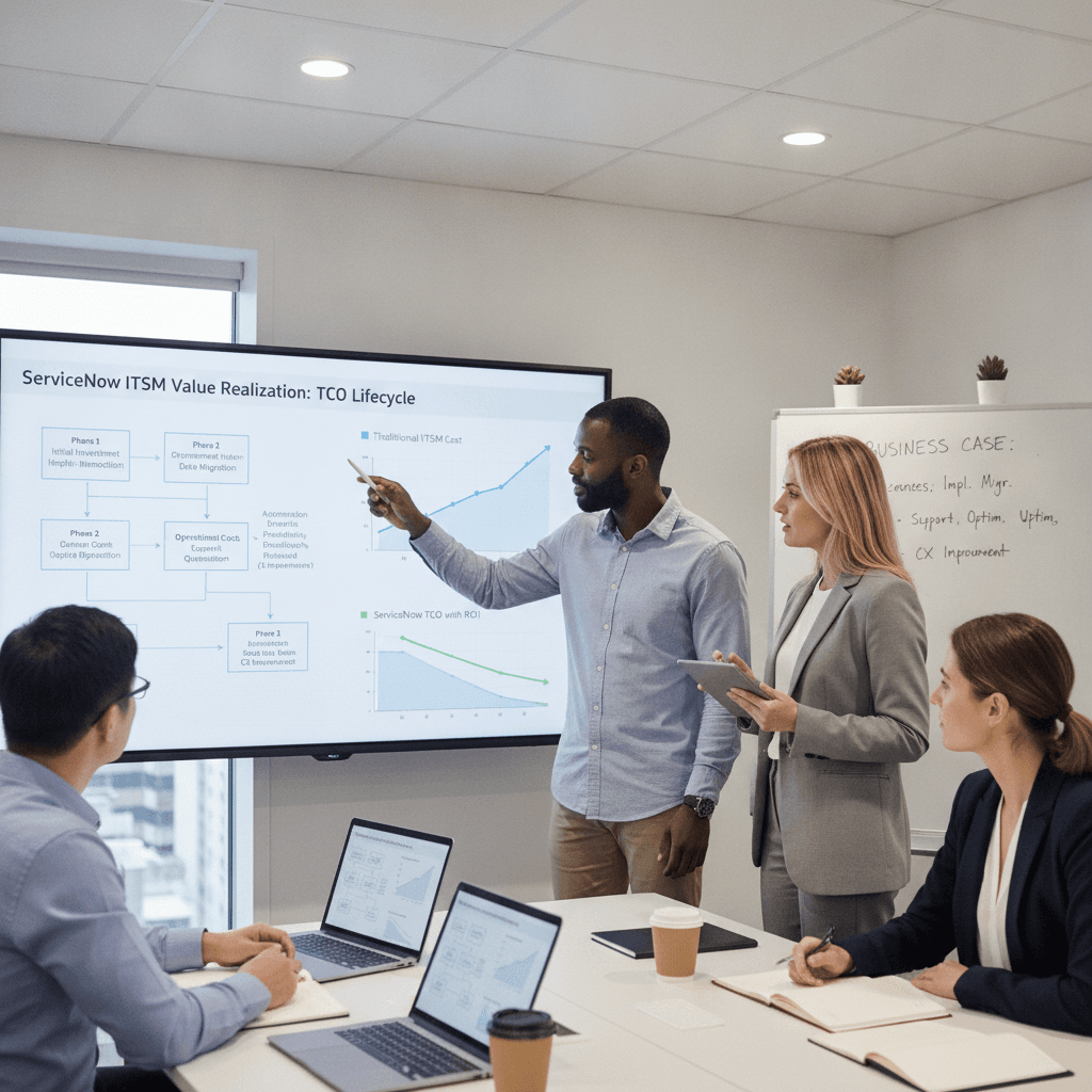 ServiceNow ITSM TCO-model dat kosten, waarderealisatie, ROI en planning van platforminvesteringen toont