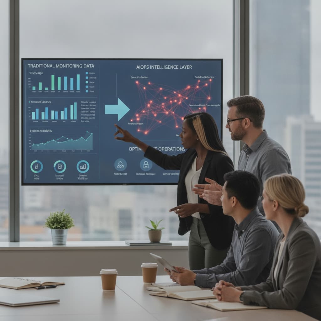 AIOps vs monitoring dashboard showing event correlation and noise reduction for IT operations