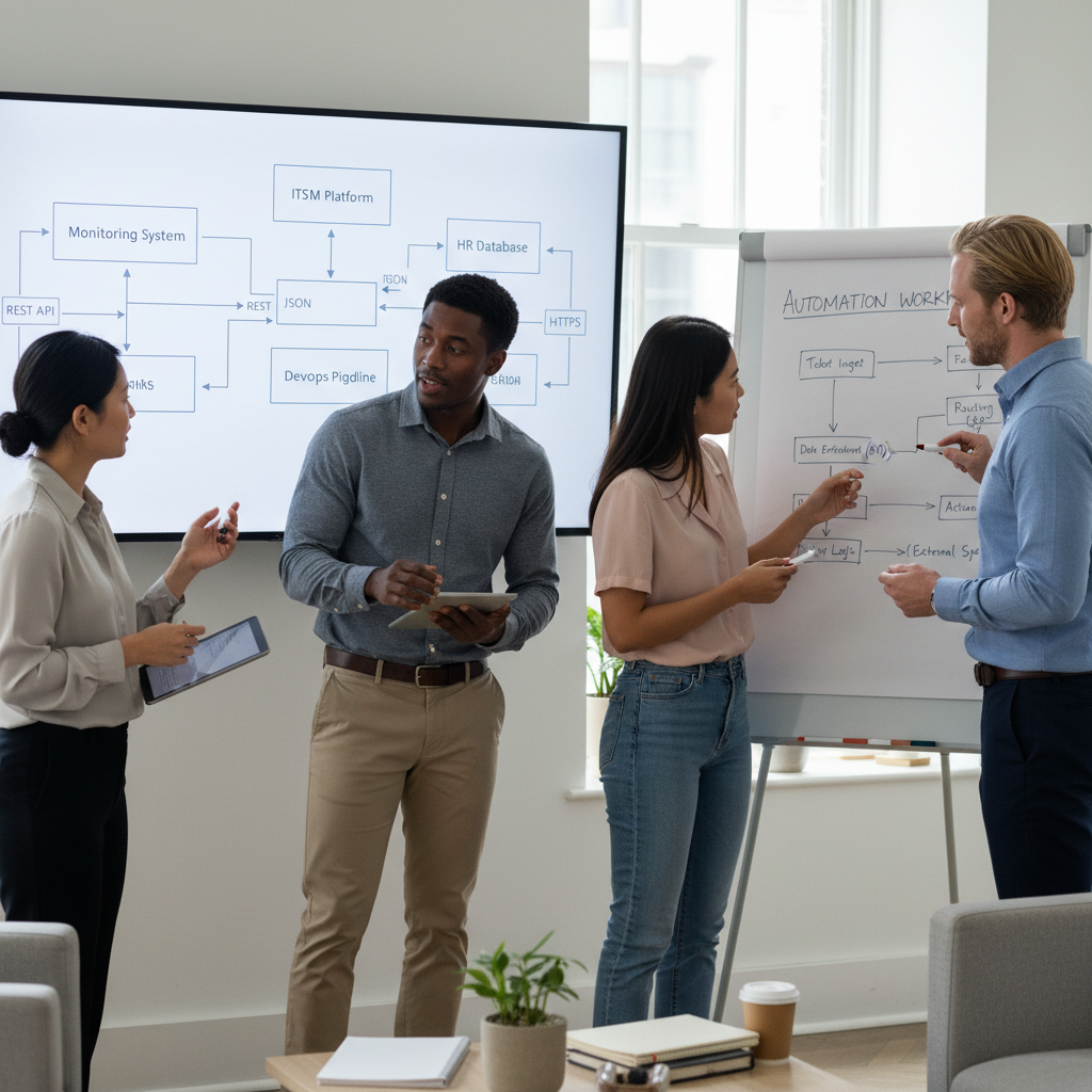 Schéma des outils ITSM connectés via l'API HaloITSM montrant les flux de données automatisés des tickets, des utilisateurs et des actifs