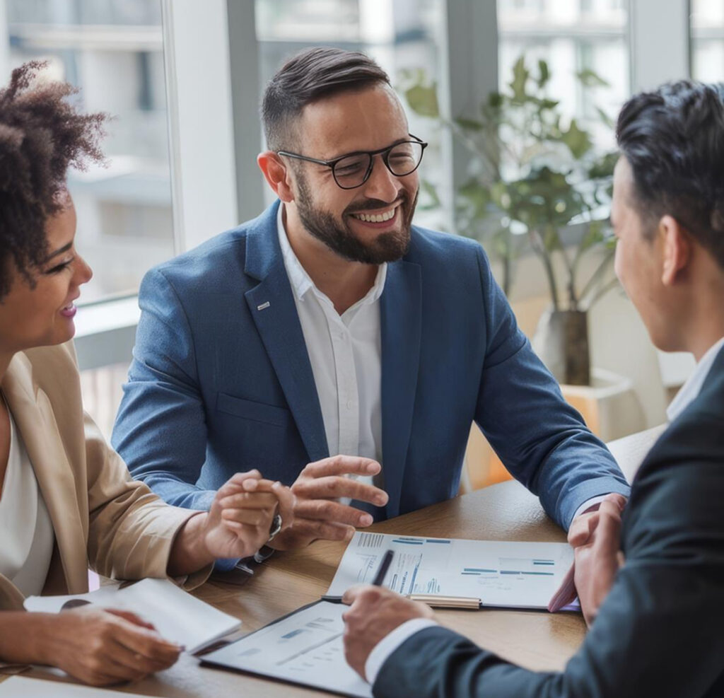 Business professionals collaborating in a meeting